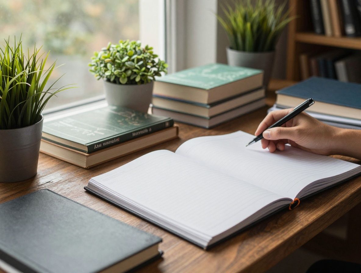 Espacio de trabajo ordenado con libros de nutrición abiertos, cuaderno de notas, planta en maceta y luz natural cálida que entra por una ventana lateral creando un ambiente de estudio académico